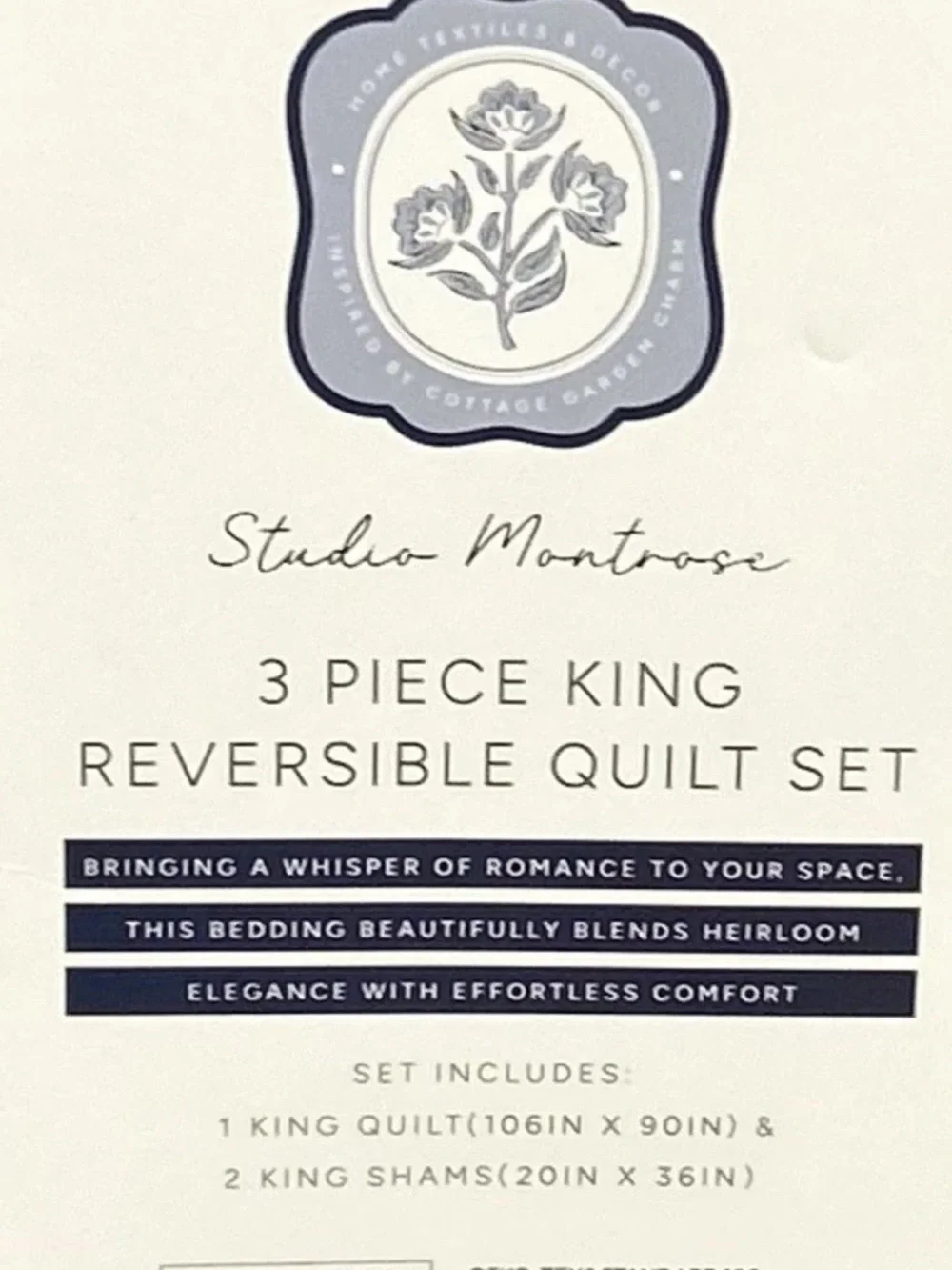 Studio Montrose 3 Pc King Reversible Blue and White Floral Quilt Set 106”x90”